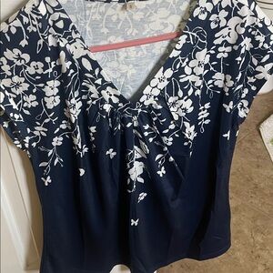 Navy and White Floral V-Neck Women’s Top